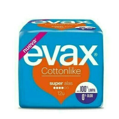 COMPRESAS HIGIENICAS FEMENINAS EVAX COTTONLIKE SUPER CON ALAS 12 COMPRESAS